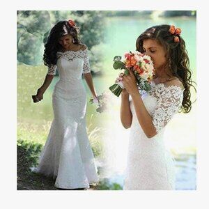 Siqinzheng wedding dress size 10 NWT all-over-lace 3/4 sleeve train sweetheart